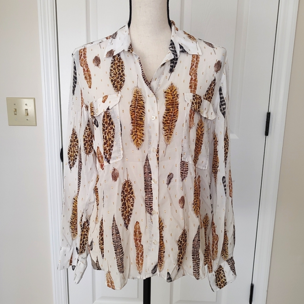 Vilagallo White Sheer Button-Down Shirt with Gold Accents Feather Print